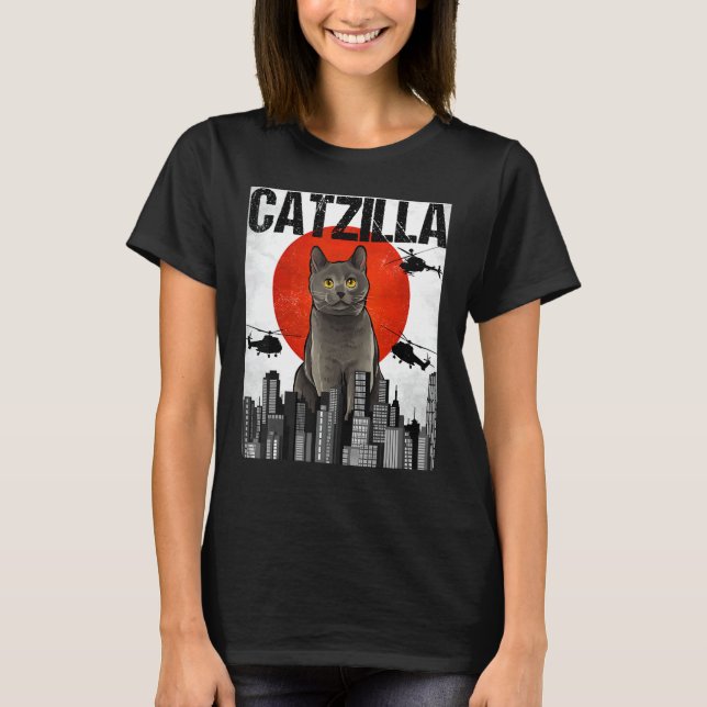 Funny Vintage Japansk Catzilla Chartreux Cat T Shirt (Framsida)