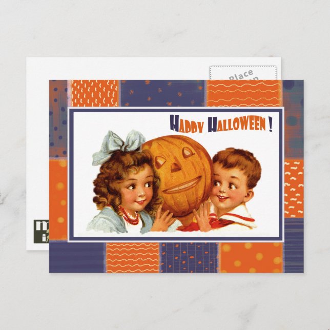 Funny Vintage Kids Halloween-vykort Vykort (Fram/baksida)