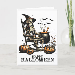Funny Vintage Skeleton Awaits Halloween Helgkort