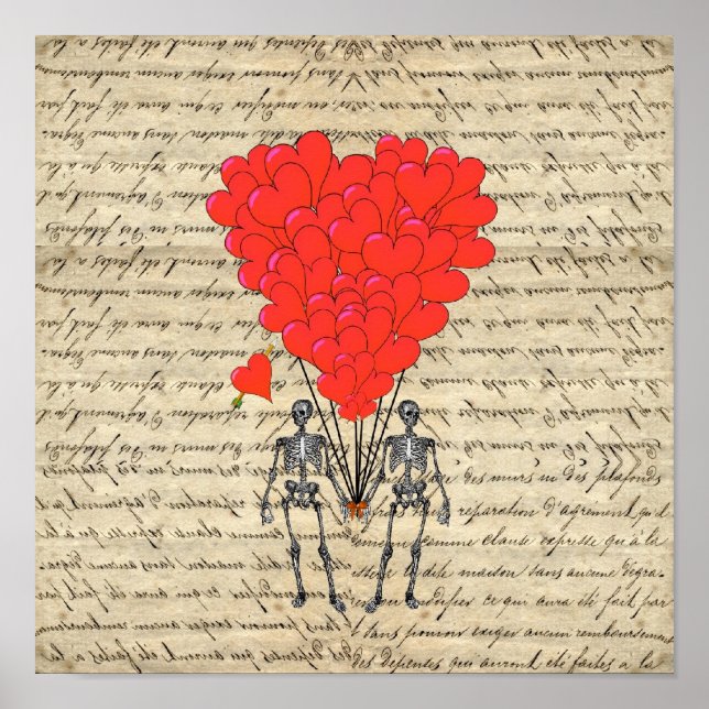Funny vintage Skeleton och rött hjärta Poster (Framsidan)