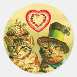 FUNNY VINTAGE VALENTINE'S DAY CATS,RÖD ROS HEARTS RUNT KLISTERMÄRKE
