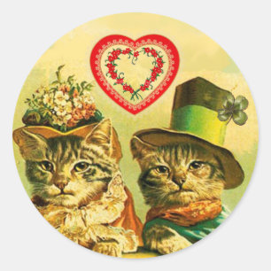 FUNNY VINTAGE VALENTINE'S DAY CATS,RÖD ROS HEARTS RUNT KLISTERMÄRKE