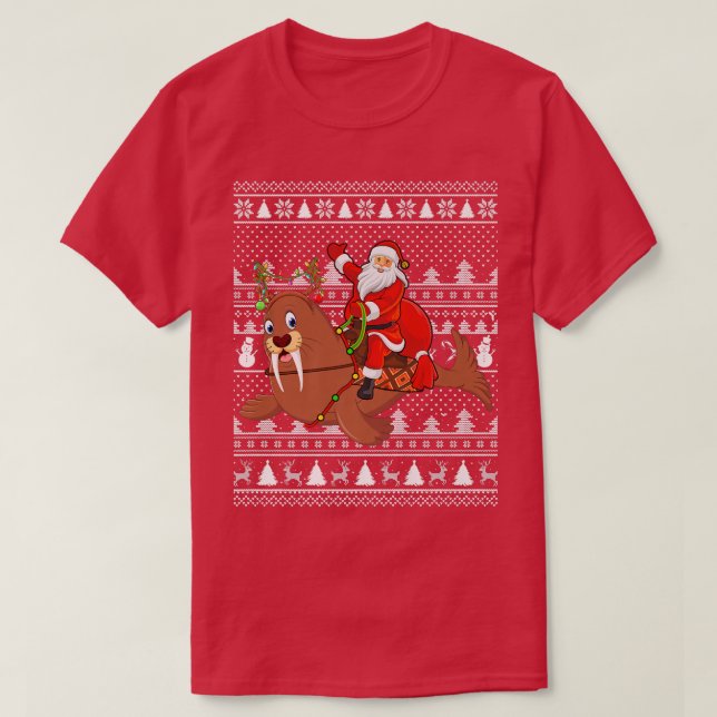 Funny Walrus Älskare Santa Riding Walrus Ugly Kris T Shirt (Design framsida)