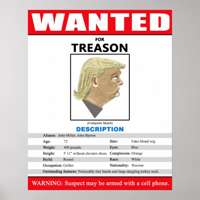 Funny Wanted Trump For Treason Poster (Framsidan)