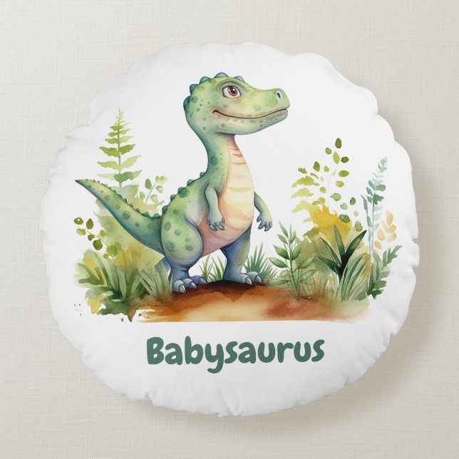 Funny Watercolor Baby Dinosaurs Personlig Rund Kudde (Framsidan)