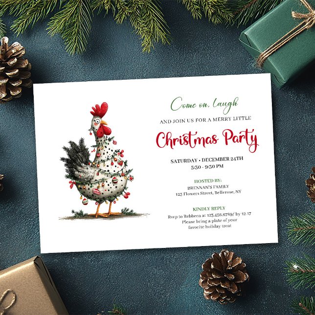 Funny Watercolor Chicken Festive Christmas Invite Inbjudningar (Funny Watercolor Chickens Festive Christmas Invite)