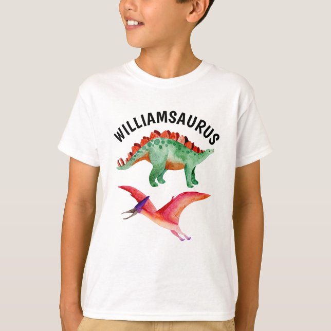 Funny Watercolor Dinosaur Personlig Namn  T Shirt (Framsida)