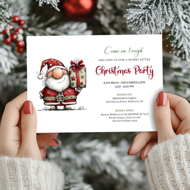 Funny watercolor Santa Christmas party invitation Inbjudningar (Whimsical Red Green Funny Santa Party Invitation)