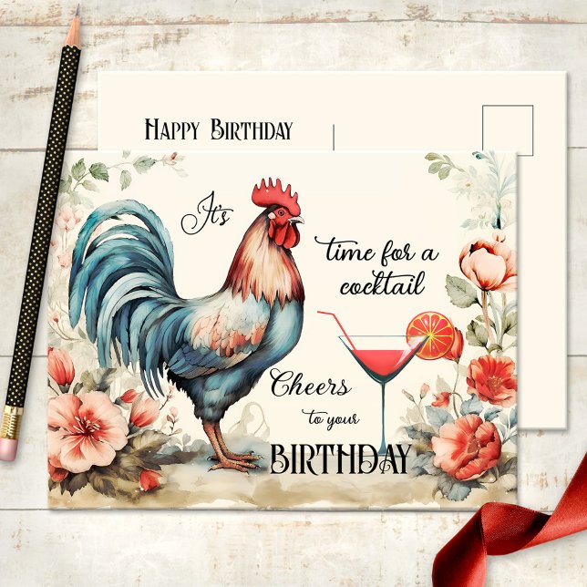 Funny Watercolor Tupp Cocktail Birthday Vykort (Funny birthday postcard featuring a vintage watercolor rooster with flowers and a cocktail)