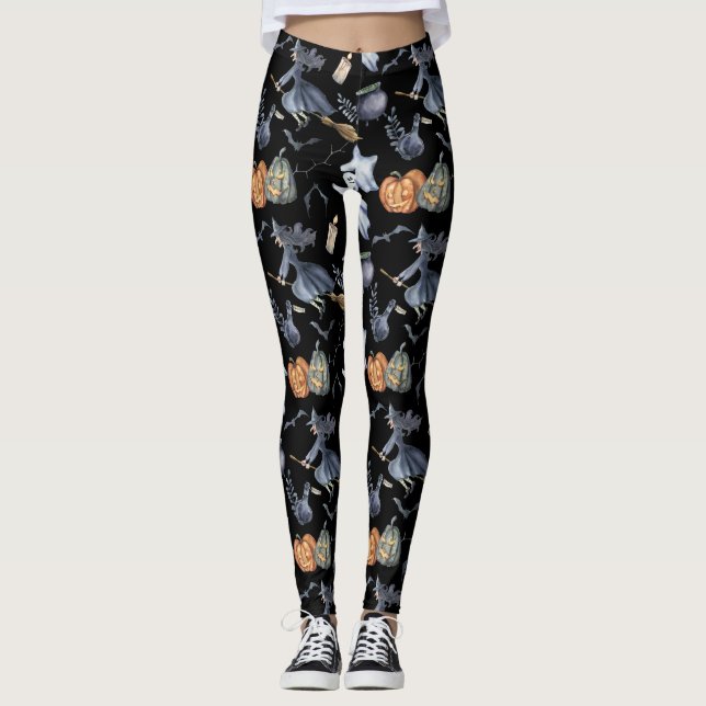 Funny Watercolor Witch Pumpkin Halloween Leggings (Framsida)