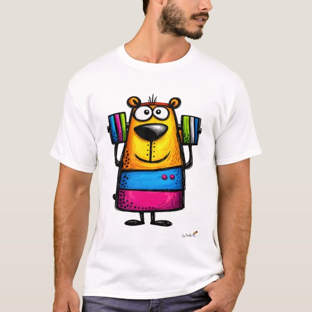 Funny Weightlifting Bear Cartoon T-Shirt (Framsida)
