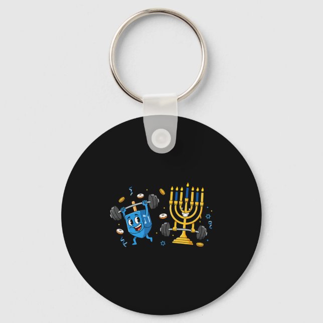 Funny Weightlifting Gym Dreidel Menorah Hanukkah W Nyckelring (Framsida)