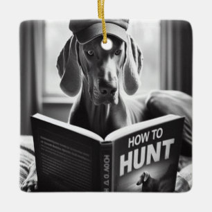 Funny Weimaraner Reading a Bok on How to Hunt Julgransprydnad Keramik