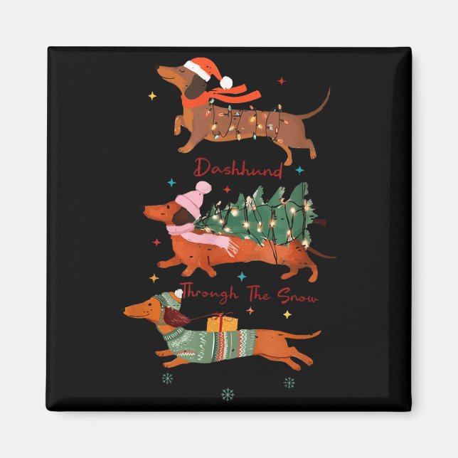 Funny Weiner Dog Dachshund Through The Snow Merry  Magnet (Framsidan)