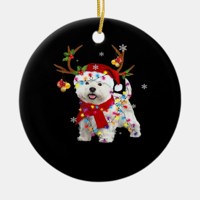 Funny Westie Christmas Tee Reindeer Christmas Ligh Julgransprydnad Keramik (Framsidan)
