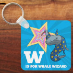 Funny Whale-guiden Alphabet Parody Tecknad Nyckelring<br><div class="desc">En rolig val på en nyckelkedja eller nyckelring. Användan "Anpassa den här mallen" om du vill ändra texten "W IS FOR WHALE WIZARD" och skapa en unik, anpassad gåva. Textändringarna visas på båda sidor. Valar är magiska! Med en trollval med trollspö, en parodi för fläkt av fånig och absurt humor....</div>