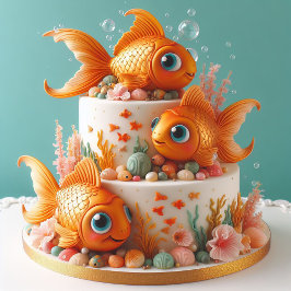FUNNY WHIMSICAL BIG EYED GOLDFISH BIRTHDAY CAKE KORT
