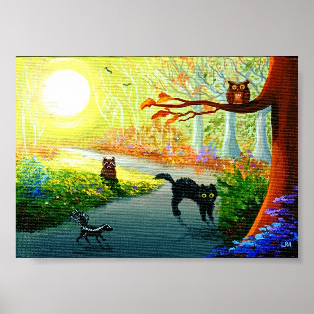 Funny Whimsical Cat Uggla Skunk Raccoon Forest Poster (Framsidan)