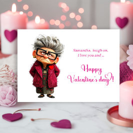Funny Whimsical Lady Hot Pink Joy Valentine Julkort