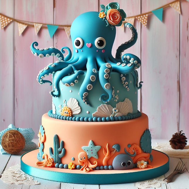 FUNNY WHIMSICAL OCTOPUS THEME BARNS FÖDELSEDAG CAK KORT (Skapare uppladdad)