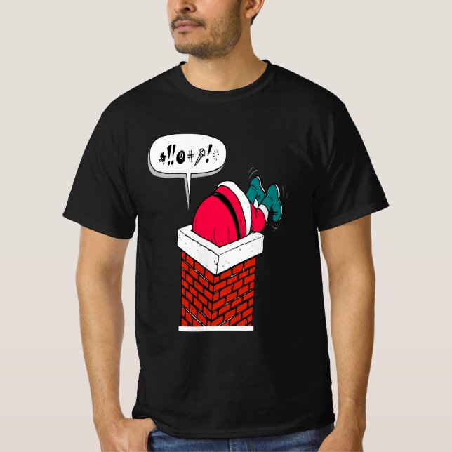 Funny Whimsical Santa Har Stuck i Skorsten T Shirt (Framsida)