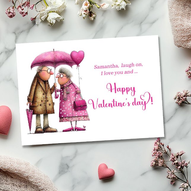 Funny Whimsical Valentine Hot Pink Love Couple Julkort (Funny Whimsical Valentine Card Hot Pink Love Couple)