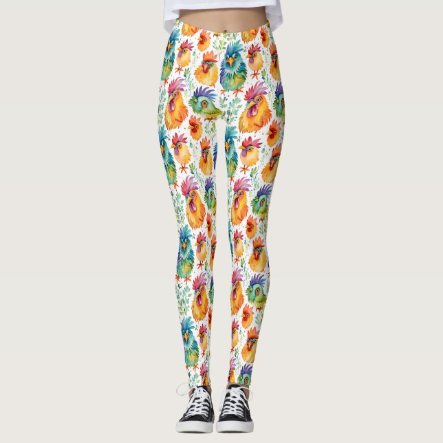 Funny Whimsical Watercolor Stil Chickens Leggings (Framsida)