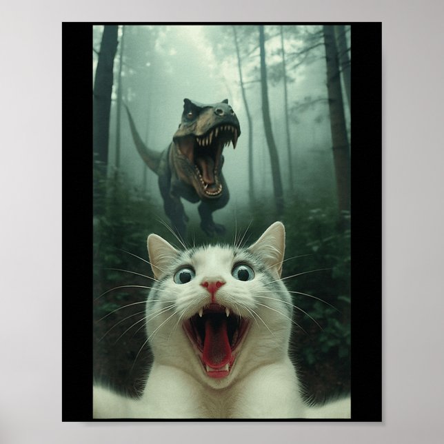 Funny White Cat Selfie With T-rex Dinosaur, Cat Ki Poster (Framsidan)