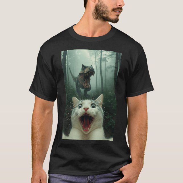 Funny White Cat Selfie With T-rex Dinosaur, Cat Ki T Shirt (Framsida)