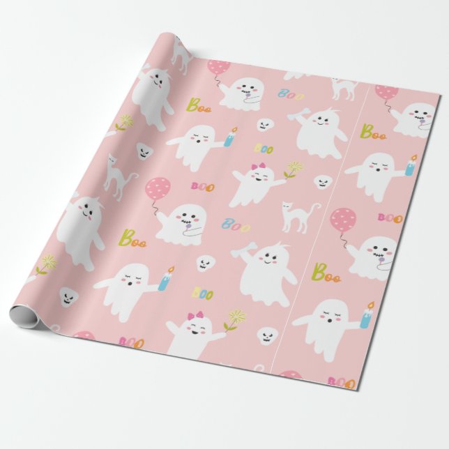 Funny White Ghost Pink With Balloon Halloween Presentpapper (Utrullad)