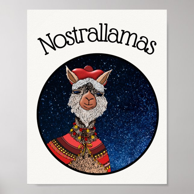 Funny White Kawaii Nostradamus Llama Tecknad Poster (Framsidan)