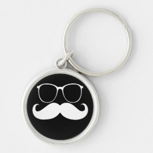 Funny White Mustache Glass på Black Background Rund Silverfärgad Nyckelring