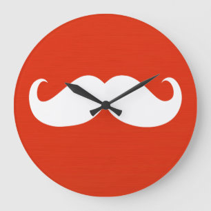 Funny White Mustache på Orange Red Stor Klocka