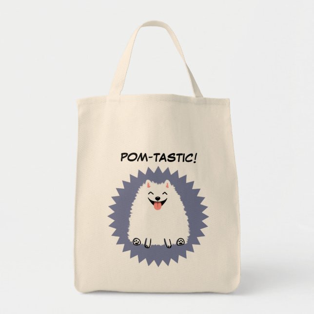 Funny White Pomeranian Tecknad hund Tygkasse (Framsidan)