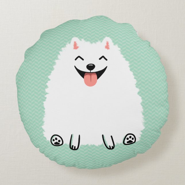 Funny White Pommanian Cute Smiling Pom Rund Kudde (Baksidan)
