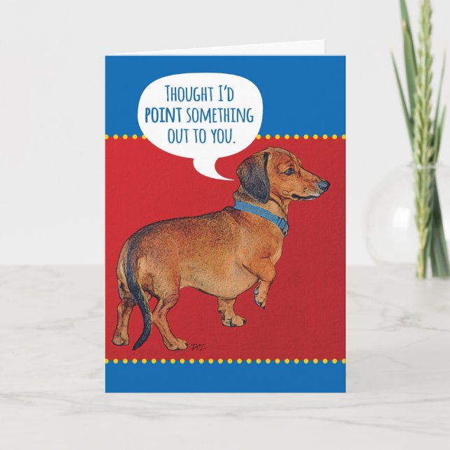 Funny Wiener Hund (Dachshund) som pekar ut gammal  Kort (Framsida)