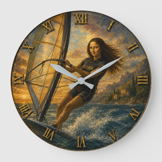 Funny Windsurfing Mona Lisa Sailing Ocean Gift Stor Klocka (Framsida)