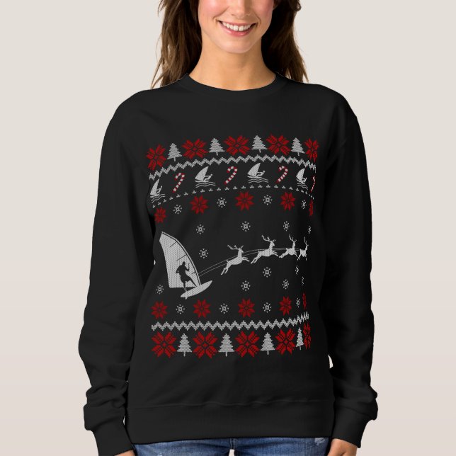Funny Windsurfing Reindeer Ugly julsötare T Shirt (Framsida)