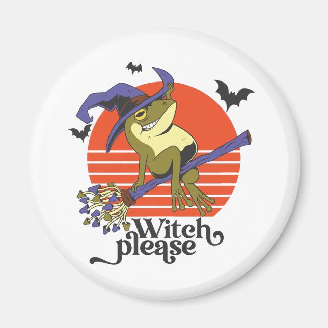 Funny Witch Frog Riding Broomstick Halloween Magnet (Framsidan)