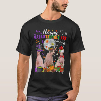 Funny Witch Pilgrim Santa Sphynx Cats Lycklig Hall T Shirt