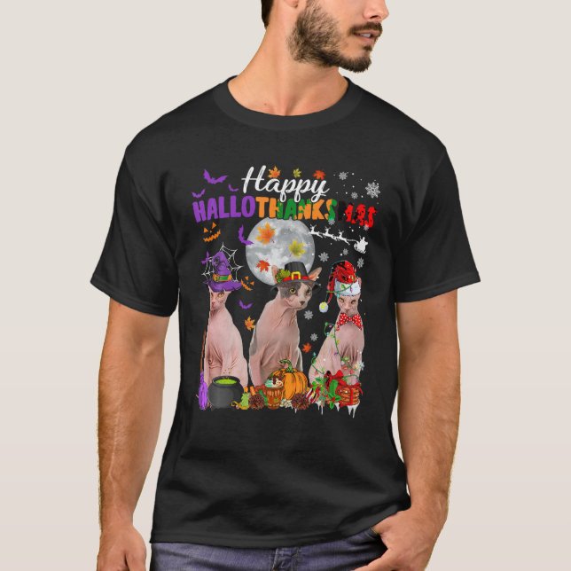 Funny Witch Pilgrim Santa Sphynx Cats Lycklig Hall T Shirt (Framsida)