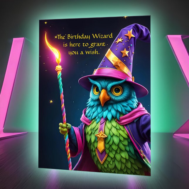 Funny Wizard Uggla Beger Magic Birthday Wish Brigh Kort (Funny wizard owl over the hill humor:  A colorful birthday card with age template and magical vibe)