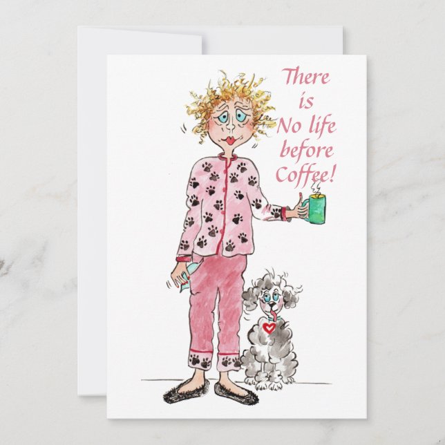 Funny Woman Caricature Before coffee Red Pajamas  Julkort (Framsida)