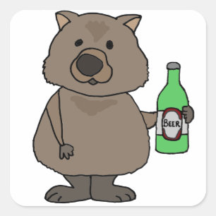 Funny Wombat Drinking Flaska av Beer Tecknad Fyrkantigt Klistermärke