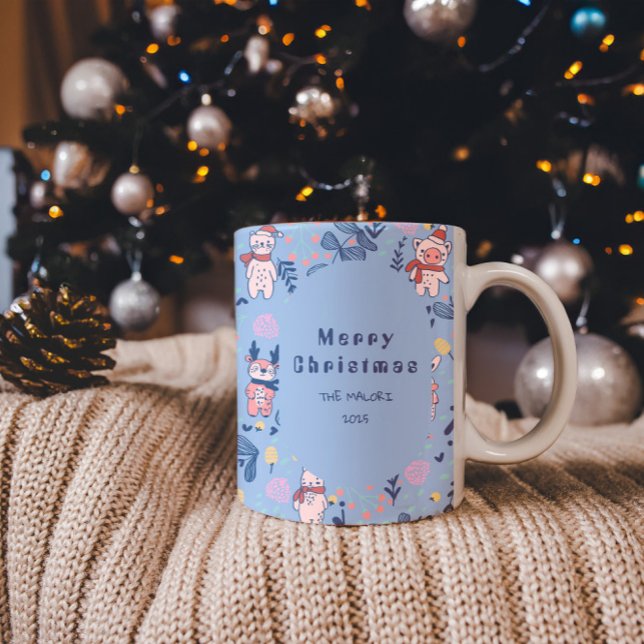 Funny Woodland Friends  Blue Winter Forest Pattern Två-Tonad Mugg (Skapare uppladdad)