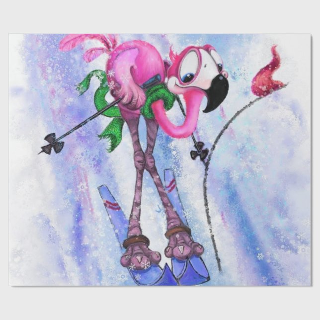 Funny Wrapping Papper med Rosa Flamingo Skier Presentpapper (Platt)