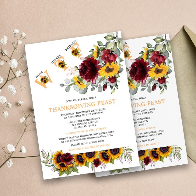 Funny WTF Sunblommor Burgundy Thanksgiving Feast Inbjudningar (Skapare uppladdad)