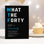 Funny WTF-Vuxen 40:e födelsedagen Party Inbjudningar<br><div class="desc">Gör er milstolpe firande med våra unika 40-dagars festinbjudningar! De här inbjudna erbjuder en otålig "vad fyrtio"-fras,  som ställs mot en elegant svart bakgrund. Med en textmall för contemporary som lätt kan anpassas efter dina önskemål,  kan du säkert förmedla detaljer om din festlighet i stil!</div>
