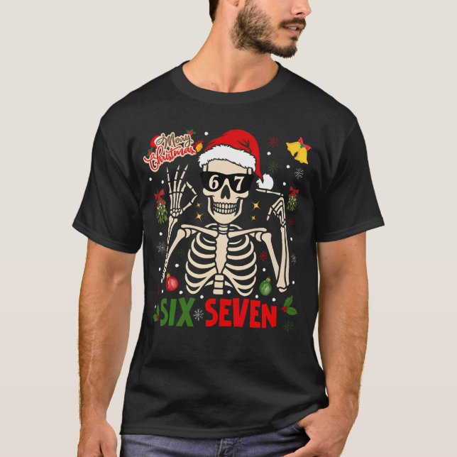 Funny Xmas 67 Skeleton Six Seven Christmas Lights T Shirt (Framsida)