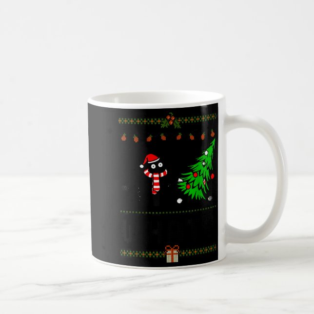 Funny Xmas Black Cat Pushing Christmas Tree Over C Kaffemugg (Höger)